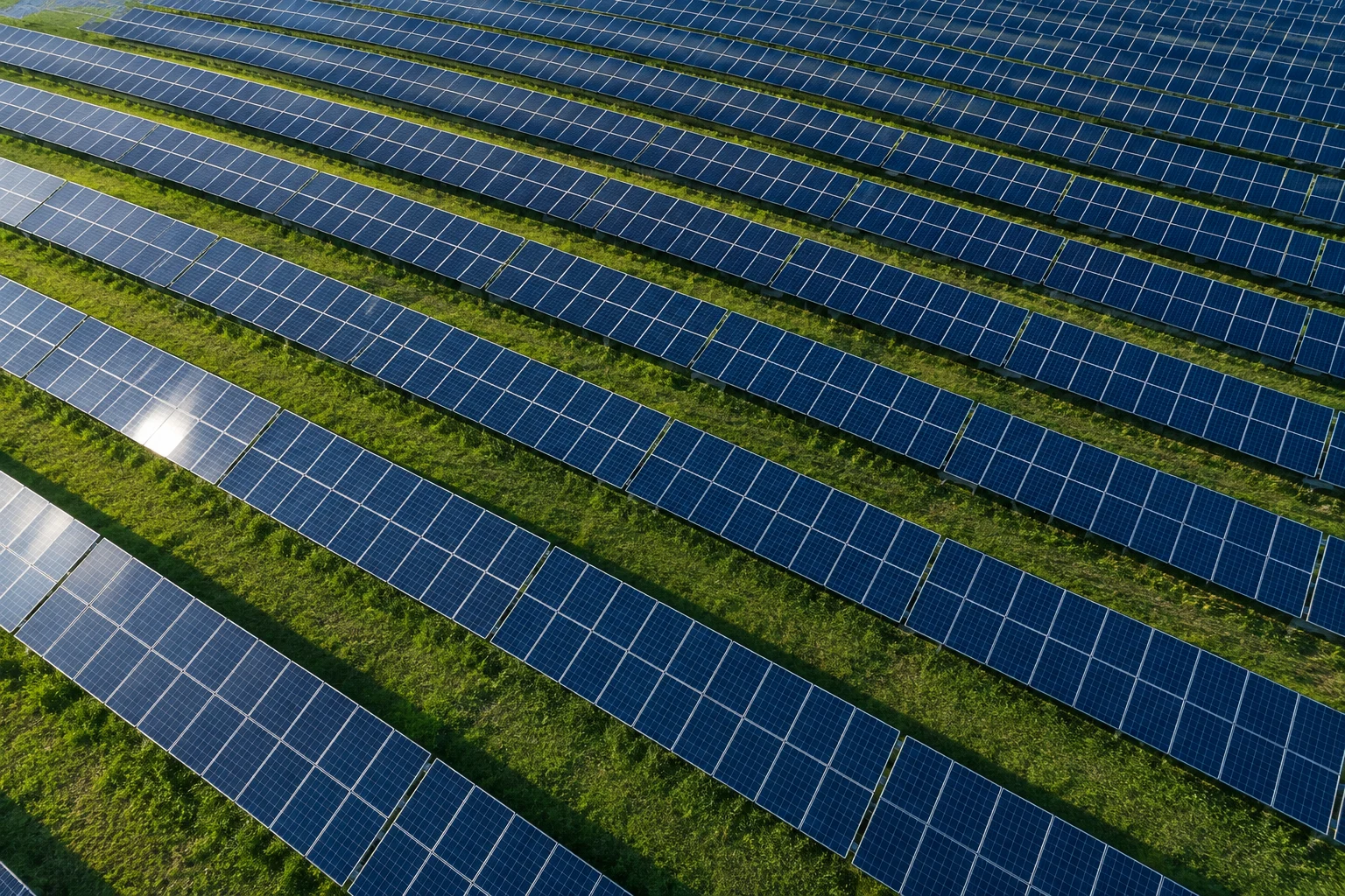 Aerial view of photovoltaic panels with green spaces between the rows